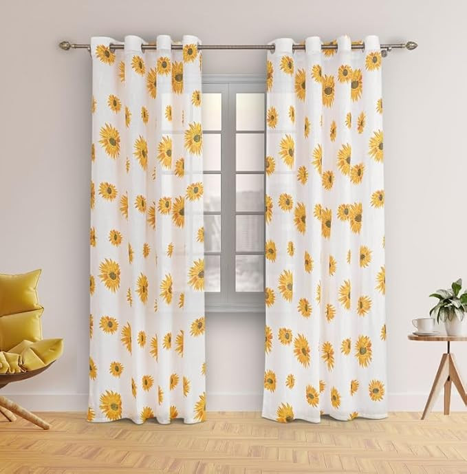 HOMEMONDE Light Filtering Window 5 Feet Grommet Curtains Set of 2- Printed Sheer Linen Curtain for Living Room Decoration, White Sun Flower Drapes, 60 Inches