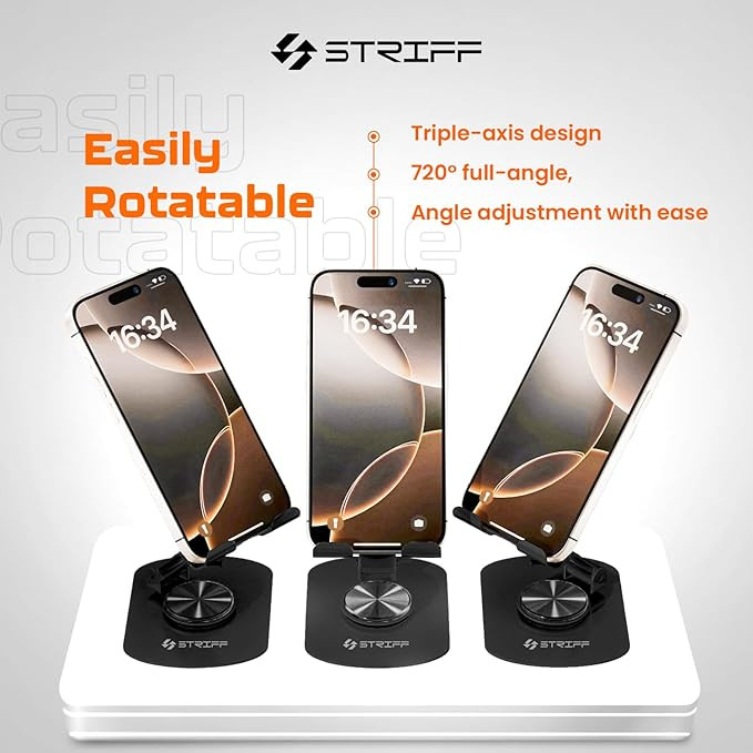 STRIFF mobSpin 360° Rotating Metal Phone Stand, Foldable Mobile Holder with Adjustable Height & Angle, Stable Round Base, Thick Case Friendly, for Smartphones, Tablets, Kindles & iPads – Black