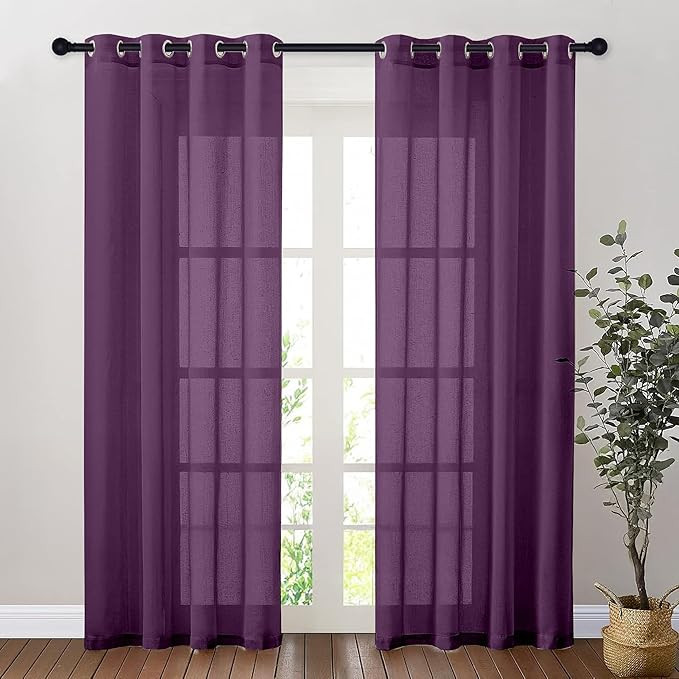 Amazon Basics - Linen Textured Sheer Door Curtains | Light Filtering | 5 Feet | Set of 2 | Plain Design | for Living Room, Bedroom & Balcony | 150cm x 115cm, Color - Purple
