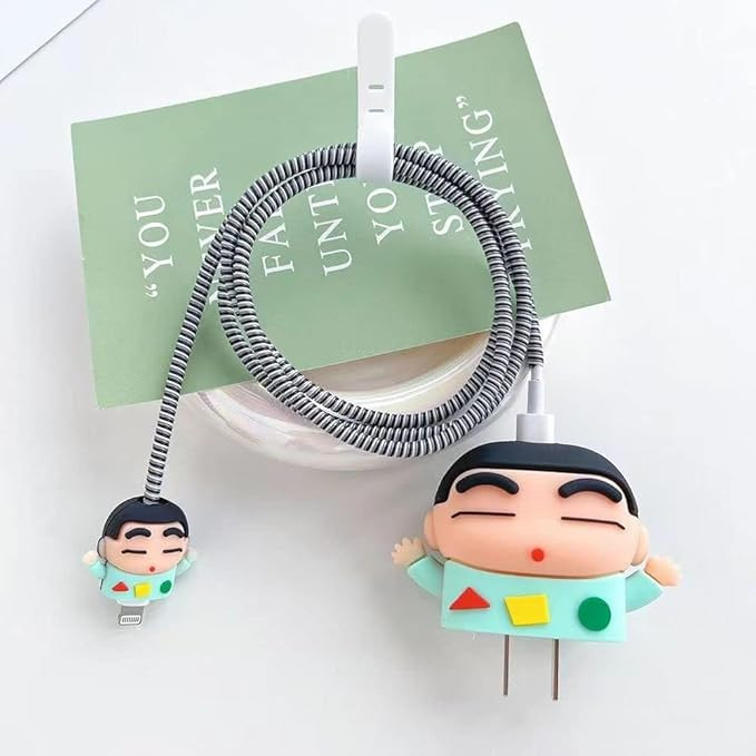 SKYCELL Charger Case Cover with Full Cable Protector 3D Cute Pattern Compatible for iPhone Charger Only 18W & 20W iPhone 16,iPhone 13,iPhone 15,iPhone 14 (Green Shinchan)