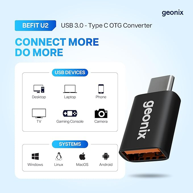 Geonix Befit U2 USB 3.0 to Type C OTG Converter | 5Gbps Fast High-Speed Data Transfer | Compatible for All Type C Devices, Smartphone, Laptops, Tablets, Chargers, MacBook (Black & Orange)
