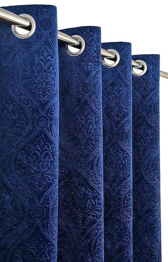 1 Piece Velvet Emboss Damas Room Darkening Blue, Semi Sheer, Grommet Curtains for Window 5 Feet