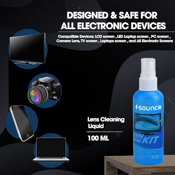 Sounce 3 in 1 Cleaning Set for Screen PC, Laptops, Monitors, Mobiles, LCD, LED, TV/Professional Quality/Prevents Static Electricity, 100ml with Micro Fiber Cloth and Soft Brush