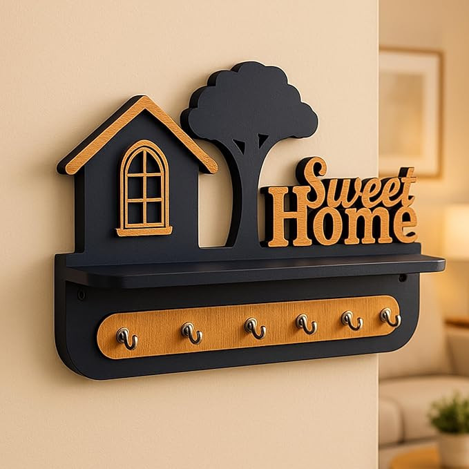Premium 3D Wooden Key Holder with 6 Stainless Steel Hook for Living Room Wall Decor