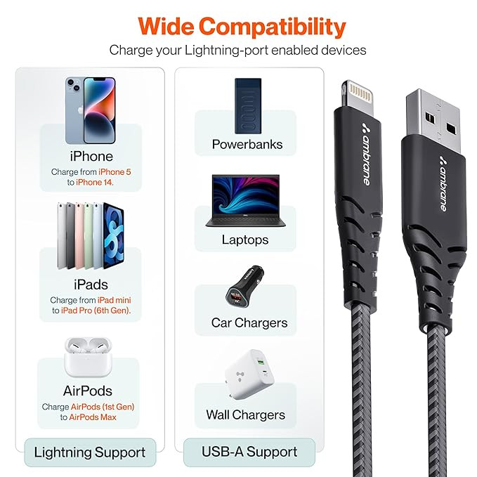 Ambrane USB To Lightning 3A Fast Charging Braided Lightning Cable Compatible For iPhone 14,13, 12,11, X, 8, 7, 6, 5, Ipad, Macbook, Imac, Airpods, 480Mbps Data Sync, 1.5Meter Long (RCL -15, Black)