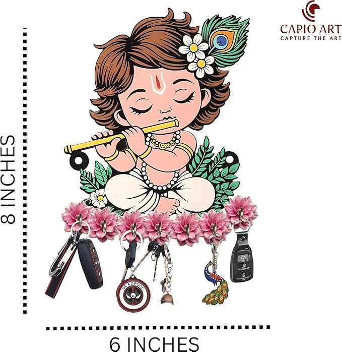 CAPIO ART Designer Premium HD UV Printed Krishna Key Holder for Wall | Lord Krishna Playing Flute Design | Multipurpose Key Stand for Home & Office Decor | Key Hanger with 7 Hooks, Multicolor
