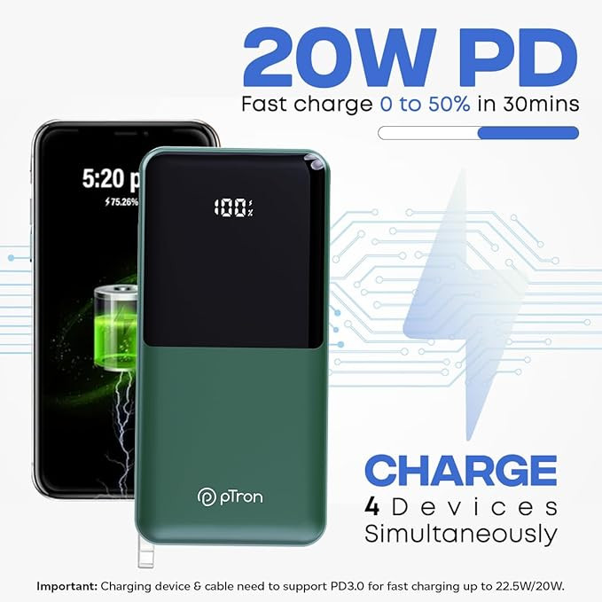 pTron Dynamo Power 20000mAh 22.5W Super Fast Charging, USB Type-C Input Power Bank with Quick Charge & 20W Power Delivery, Built-in Charging Cables, 4 Outputs, Type-C Input/Output Port (Green)