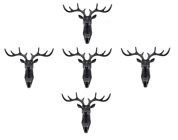 Deer Head Wall Hooks Behind Door Keys Coat Hangers Self Adhesive Wall Door Hook Hanger Bag Keys Sticky Holder Plastic for Home, Living Room, Bedroom, Bathroom (Pack of 5, Black)