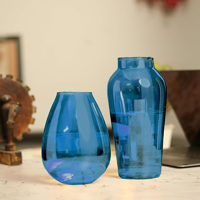 The Purple Tree Set of 2 Decorative Glass Vase for Flowers Home Decor Kitchen Living Room Bedroom Flowers Plants Office Dining Table Centerpiece Birthday Wedding Decoration Items (Blue)