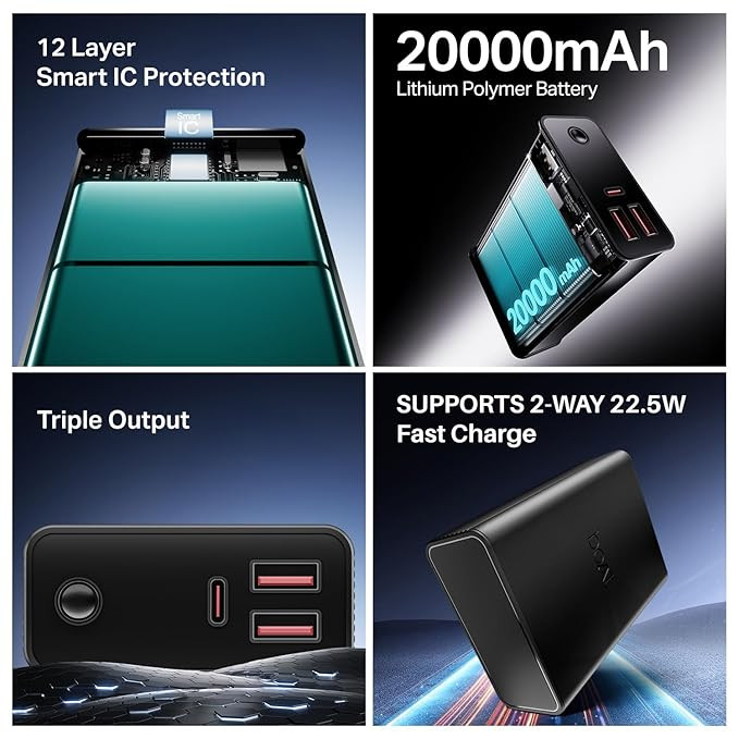 boAt Energyshroom Energyshroom PB400 Pro 20000 mAh 22.5W Pocket Size, Compact Power Bank, Fast Charging (2X Output Ports, Supports Android, iPhone, Tablets, Earbuds, etc.) (Carbon Black)