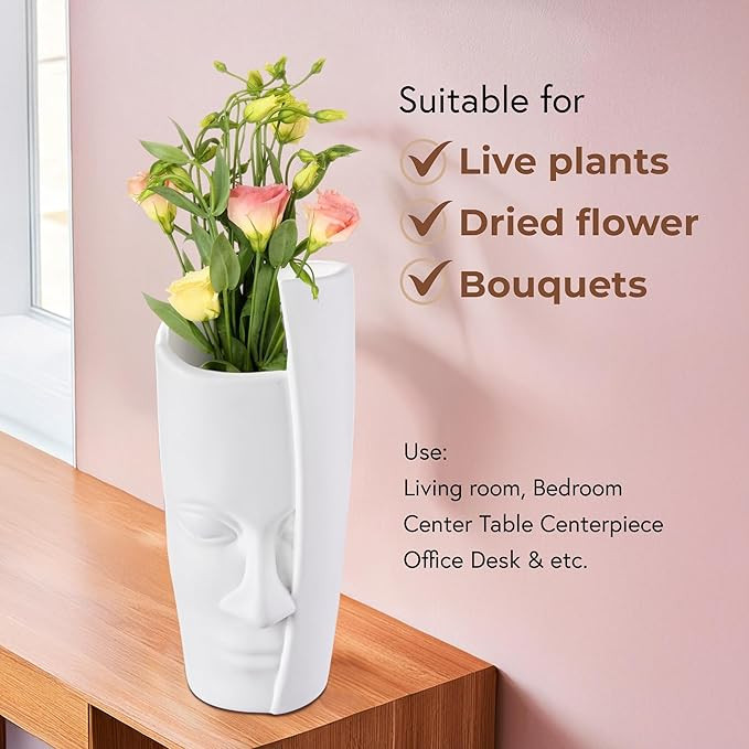 Kuber Industries Poly Fiber 12 Inch Aesthetic Flower Vase Long for Living Room and Center Table Bedroom | White Vase for Home Decoration and Centerpiece for Office Desk Decor | Orbit Face