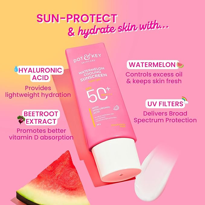 Dot & Key Watermelon Cooling Sunscreen SPF 50+ PA++++ | With Hyaluronic Acid, Instantly Cools Skin, Broad Spectrum Protection | Controls Excess Oil, Checks Tanning, No White Cast, All Skin Types | 50g
