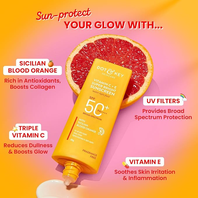 DOT & KEY Vitamin C + E Super Bright Sunscreen Spf 50 |Water-Light,UVA/UVB & Blue Light Protection|For Even Toned & Glowing Skin|With Liquid Spf 50+++| No White Cast| For All Skin Types| 30G
