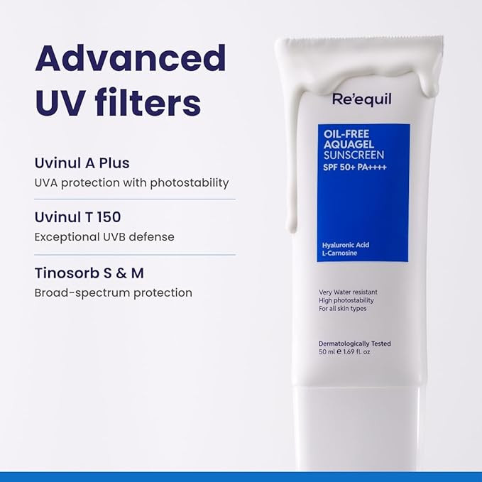 Re'equil Oil Free Aquagel Sunscreen l SPF 50+, PA++++ l Very water resistant l Hyaluronic acid for hydration