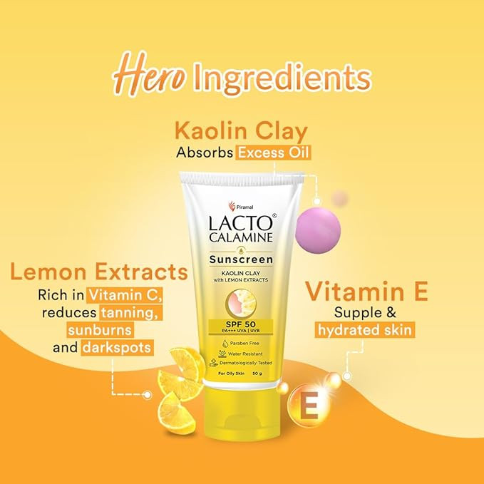 Lacto Calamine Sunscreen SPF 50 | 50g | PA +++ For Oily Skin | UVA – UVB | Water Resistant & No White Cast | With Kaolin Clay, Vitamin E & Lemon Extracts | Paraben Free
