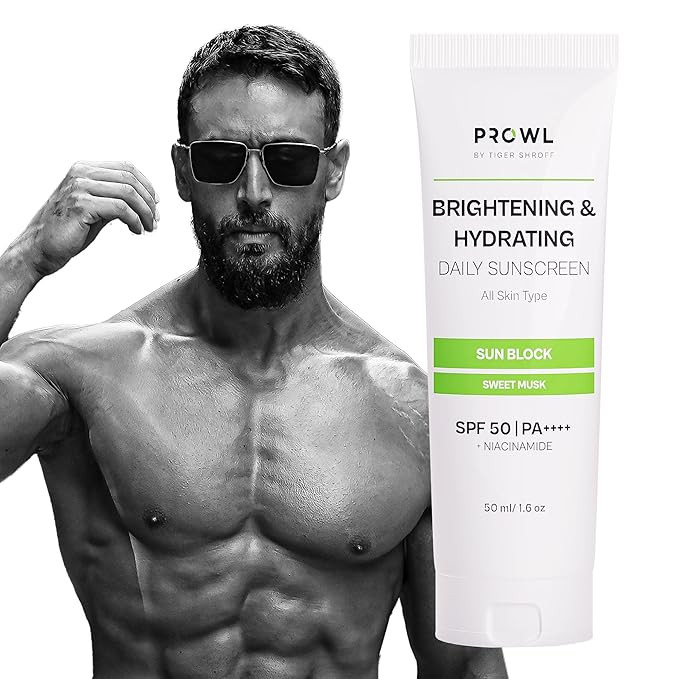 PROWL by Tiger Shroff SPF50 + PA++++ Sunscreen Niacinamide for Brightening and Hydrating Oily Dry All Skin for Men Face SPF 50 Cooling Gel Based Daily Sun Screen Lotion Cream, Sweet Musk, 50ml