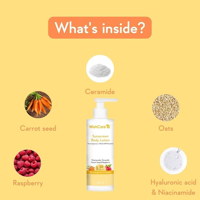 WishCare Sunscreen Body Lotion For All Skin Type with SPF 50 PA+++ - Broad Spectrum UVA & UVB Protection, No White Cast, Enriched with Carrot Seed & Raspberry - Body Sunscreen Lotion 200ml