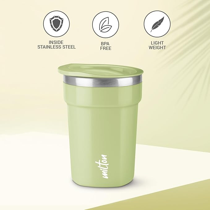 MILTON Cool Touch Deccan Coffee Mug 350 Double Walled 330 ml Inner Stainless Steel Tea Mug with Lid, Coffee Mug Travel Tea Cup, Black Coffee, Tea Cup Single, Green