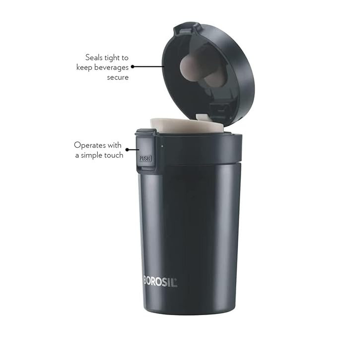 Borosil Hydra Coffeemate 260 ml Stainless Steel Travel Mug | Double Wall Vacuum Insulated, Black | 8 Hrs Hot & 14 Hours Cold | Ideal for Personal & Corporate Gifting