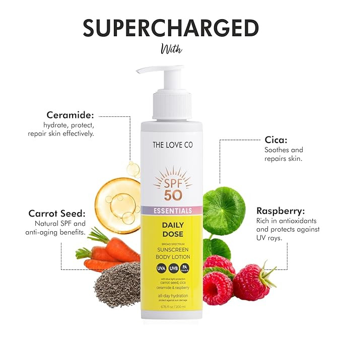 THE LOVE CO Sunscreen Body Lotion For All Skin Type with SPF 50 PA++++ - Broad Spectrum UVA & UVB Protection, No White Cast, Enriched with Carrot Seed & Raspberry - Body Sunscreen Lotion (Sunscreen 200ml)