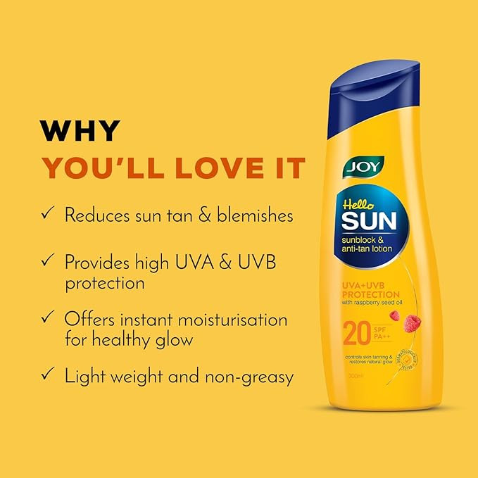 Joy Hello Sun Body Sunscreen Lotion SPF 20 PA++ (300ml x 2) For Tan Control & Body Moisturization | Lightweight, Zero White Cast & Easy Absorption | For Normal to Oily Skin