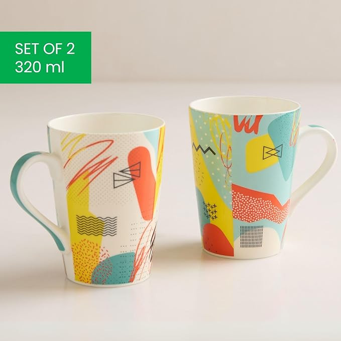 United Colors of Benetton Bone China Coffee Mug Set of 2 – 320ml Each, Printed Tea Cups for Coffee, Milk & Hot Beverages – Microwave & Dishwasher Safe, Ideal Gift Set for Home & Office