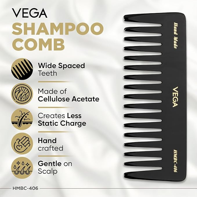 Vega Shampoo Comb for Women & Men | Wide Tooth Detangling & Scalp Massage Comb for Gentle Hair Wash, Smooth, Frizz-Free Hair| (India's No. 1* Hair Brush Brand) | (HMBC-406)