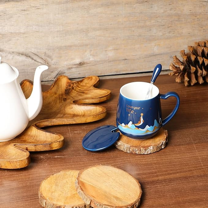 NYRWANA Coffee Mug, Gift Items for Women, Mugs for Present, Birthday Gift for Men, Christmas Gifts, Cute Mugs, Love Your Life Mug with Lid & Spoon (420ml - Blue)