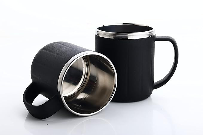 GANESH Happy Time Stylish Coffee/Tea/Milk Mug Plastic with Stainless Steel Inner Mug Cup with Handle, Portable & Easy Clean for Kids & Adult (Set of 2, Multi Color, 200 ml)