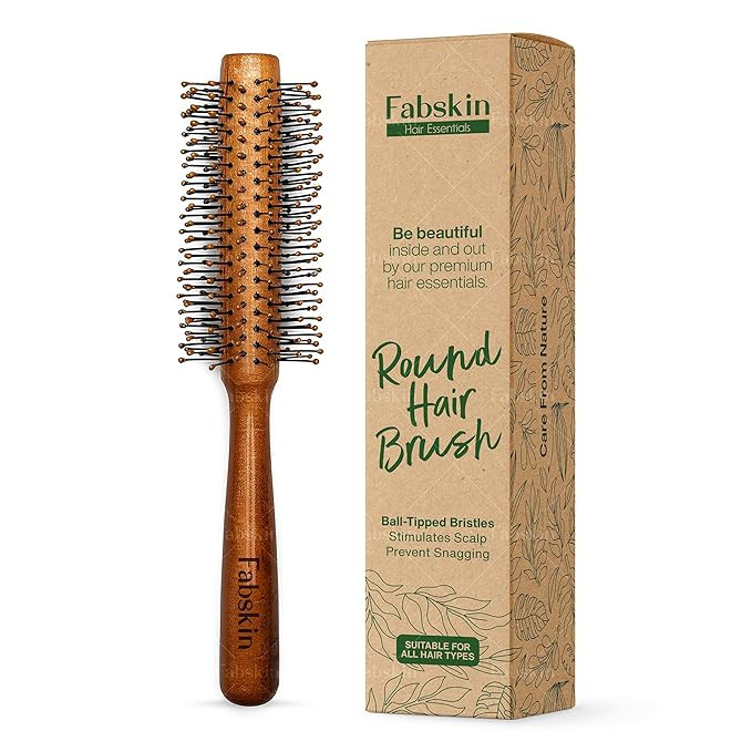 -Fabskin Wooden Round Hair Brush | Men and Women | For Adding Curls, Volume, Waves, Quick Blowout, Straightening, Curling, Drying, Volumizing Hairs & Scalp Massage | Hair Roller Brush for Hair Styling