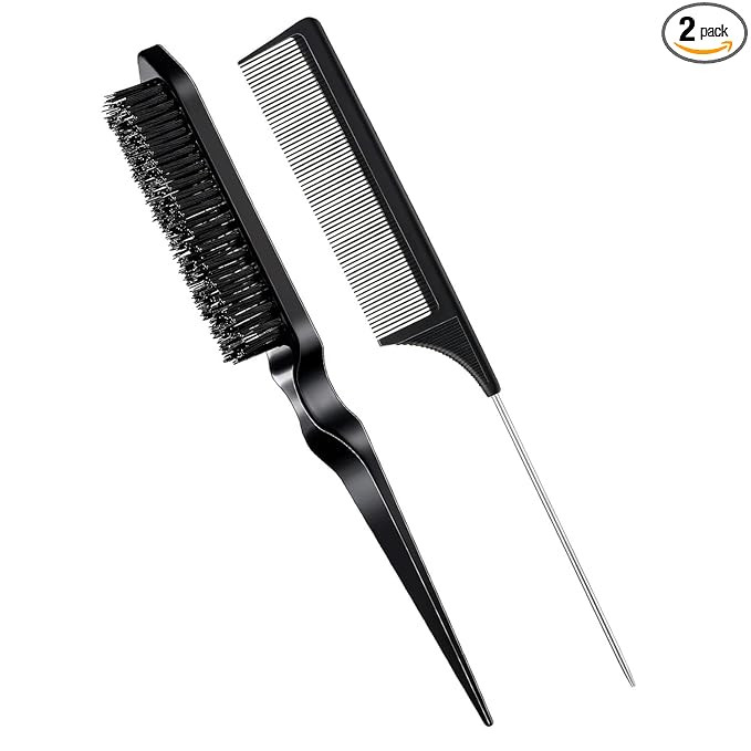 2 Pcs Slick Back Hair Brush Set Bristle Brush Edge Control Teasing Comb for Women Black Hair(Black)