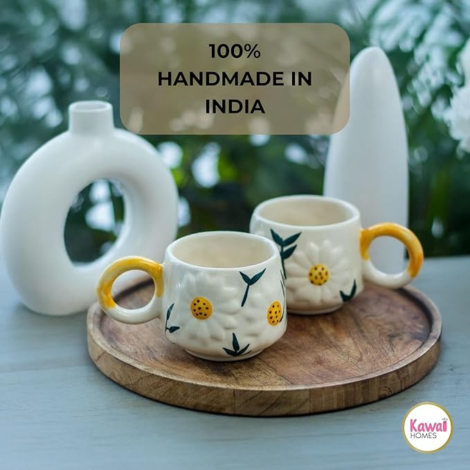 Ceramic Handcrafted Cups for Coffee Chai Tea - Microwave and Diswasher Safe (Sunflower Mug), 300 ml