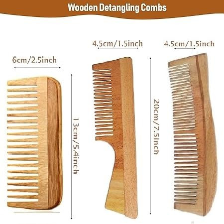 INSIME Neem Wooden Comb Set for Women & Men | Wooden combs combo Hair Comb Set | Kachi neem comb for Women for Hair Growth | Dandruff remover comb Neem Wood Kangi for Hair (Pack of 3)