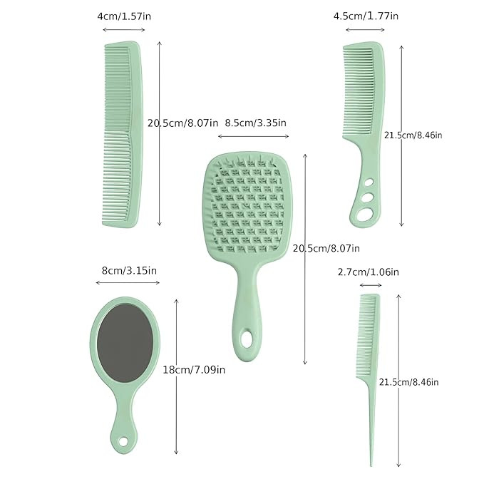 5-in-1 Hair Comb & Mirror Set | Detangling Hair Brush, Styling, Wide Tooth, Tail Comb & Hand Mirror | Unisex Comb Set for Men, Women & Kids | Durable ABS Plastic,Green