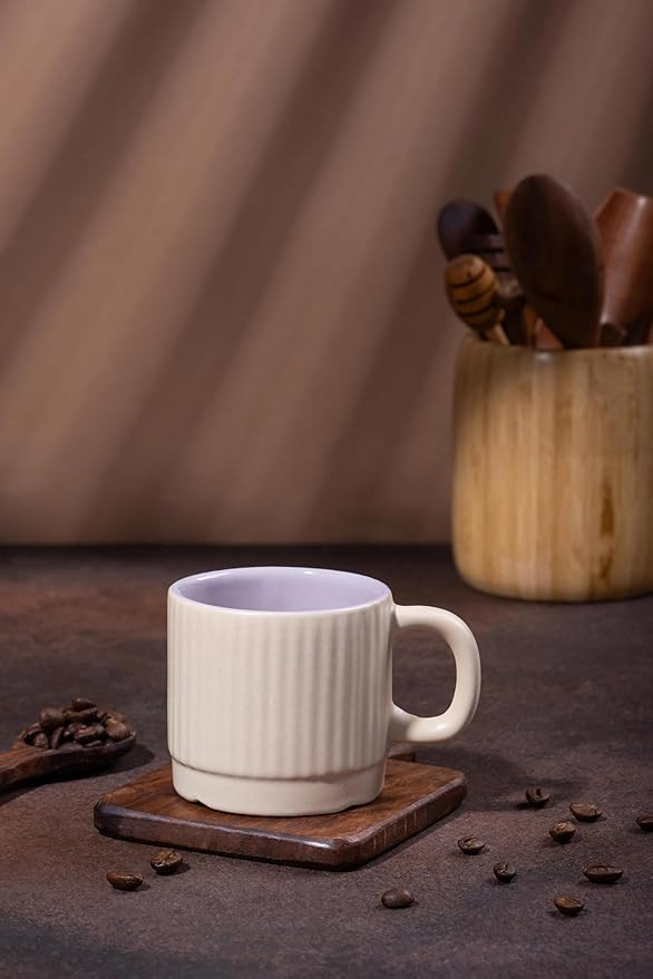 'BrewNest Classic Lilac' Ceramic Tea Cups Set of 6 (200 ml Each) | Microwave & Dishwasher Safe Tea Cups with Handle for Tea, Coffee & Chai | Tea Cups for Gifting, Home, Cafe & Office Use