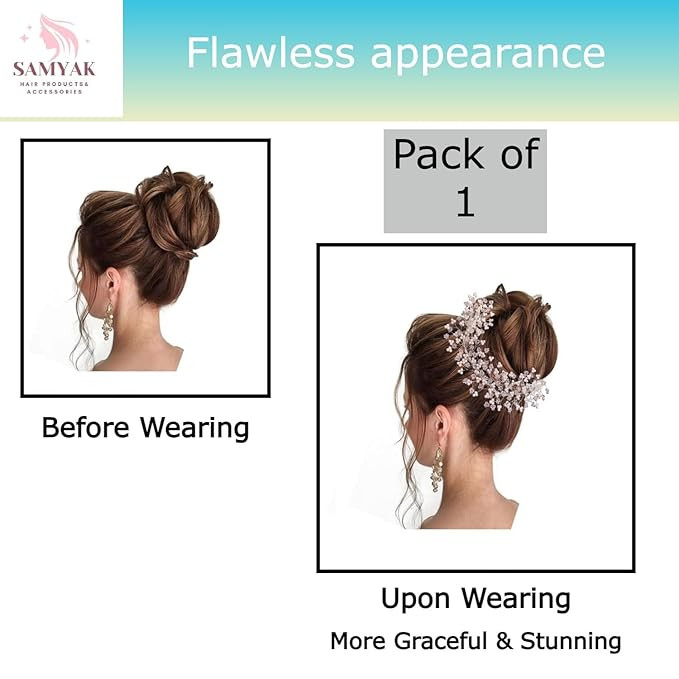 Samyak Crystal Pearl Hair Vine Tiara Hair Accessory Headband Headdress Hair Jewellery For Women | Hair Pin | Bun | Hair Clip For Bridal Wedding Functions Bridesmaid, Silver, Pack of 1