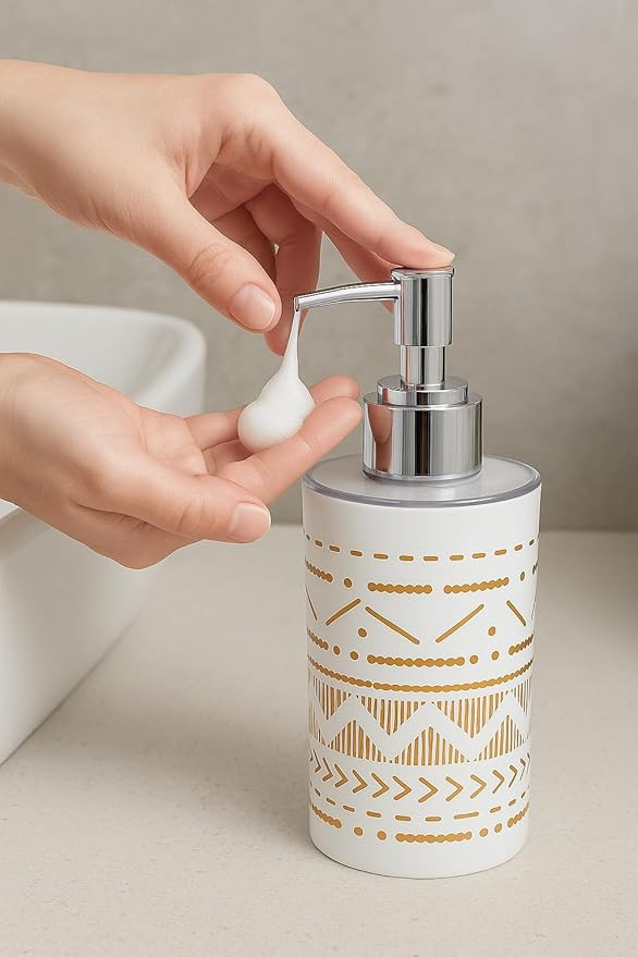 LAGET® 300ml Soap Dispenser for Wash Basin - White Black Golden Print | Kitchen and Bathroom Accessories Items | Refillable Handwash Dispenser Bottle- Set of 2