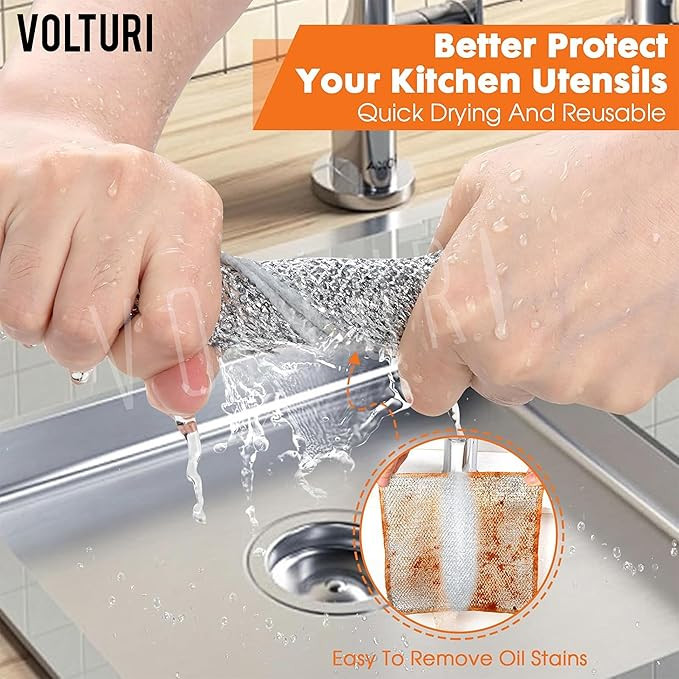 VOLTURI Non Scratch Wire Dish Cloth (Pack of 10), Steel Scrubber for Utensils Cleaning, Multipurpose Wet and Dry Cleaning, Stainless-Steel Dish Wash Scrubber for Washing Dishes, Sinks, Counters