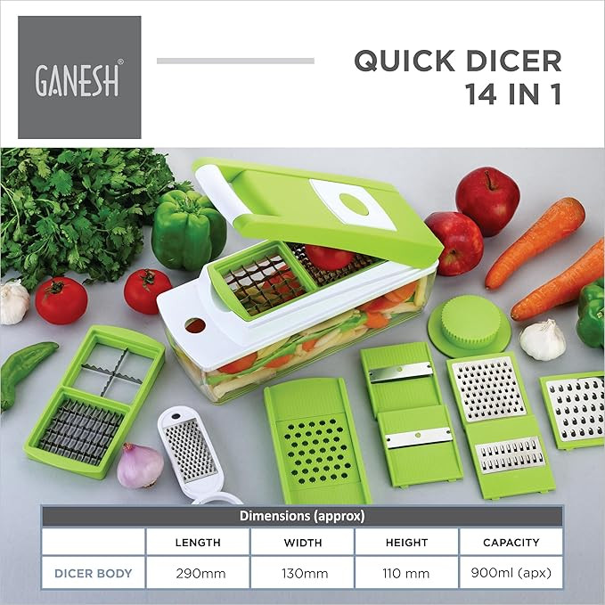Ganesh 14 in 1 Multipurpose Chopper, Fruits & Vegetable Cutters, Grater Peeler Chipser, Unbreakable Food Grade Body, Easy Push to Clean Button Slicer Dicer, Chopper for Kitchen (Green, Plastic)