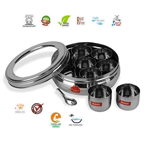 Sumeet Stainless Steel Belly Shape Masala (Spice) Box/Dabba/Organiser With See Through Lid With 7 Containers And Small Spoon (Small), Beige