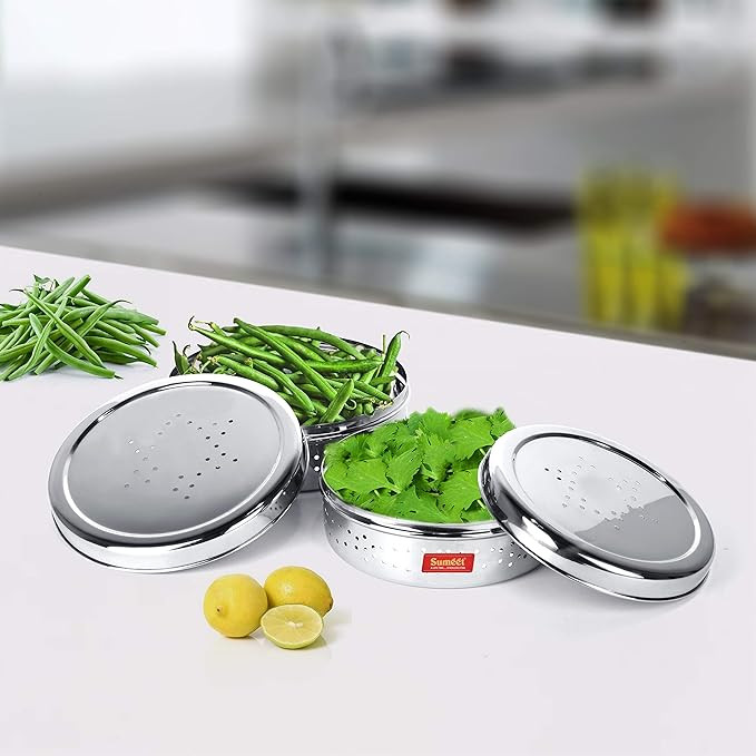 Sumeet Stainless Steel Sprout Maker Box with Air Ventilation Holes | Sprouts Container, Coriander Storage & Puri Dabba Set | Steel Sprout Jar (2 Pieces - 18.5cm & 20.4cm Dia) | Dishwasher Safe