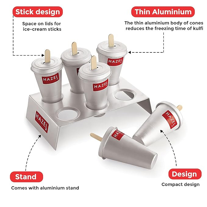 HAZEL Aluminium Kulfi Mould |Kulfi Moulds Set of 6 with Stand & 12 Ice Cream Sticks DIY Kit |Reusable Ice Cream Maker Popsicle Mould
