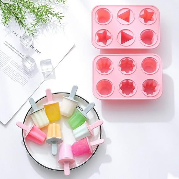 6 Slot Silicone Reusable Ice Pop Makers With Sticks - Homemade Popsicle Frozen Cream Moulds, BPA Free Tray, Kulfi Candy Lolly Mold - Easy Release Heart, Star and Triangle Shape,18 X 12 X 5 cm