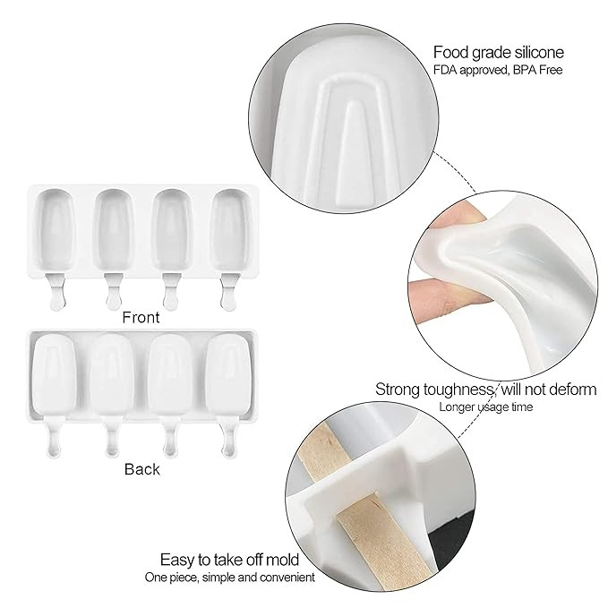 MoldBerry 4 Cavity Big Oval Silicone Cakesicle Mould Silicone Popsicle Ice Cream Cakesicle Chocolate Lolipop Moulds Reusable Ice Cream Popsicle Maker Pack of 1, 24.8L x 10W x 1.5H cm