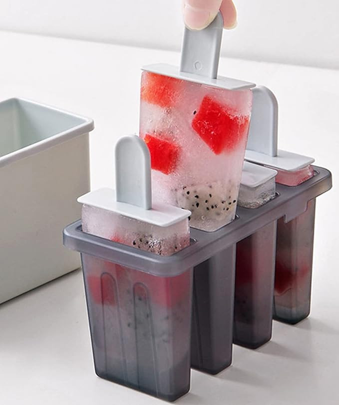 wolpin 4 In 1 Ice Cream Moulds Popsicle Stick Ice Cream Maker Reusable Box Homemade Kulfi Candy Ice Lolly Tray Lid Pp Material, 4 Grid For Kids & Adults (Polypropylene), 12.4 x 5.7 x 8.5 Centimeters