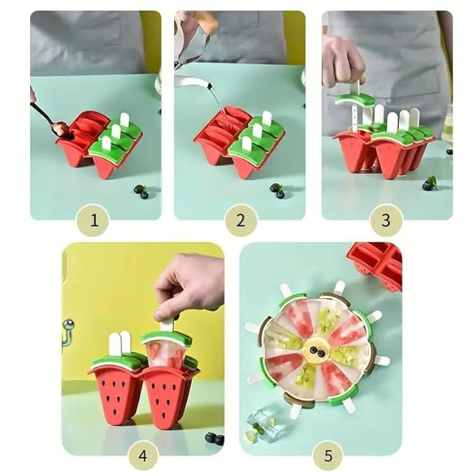 Ice Cream Kulfi Popsicle Maker Mould Ice Tray With Lid Sticks Reusable BPA Free Plastic Freezer Safe Homemade Frozen, Pack of 1, Multicolor (Mix Fruit Set of 6 Mold),20X12X8 Cm
