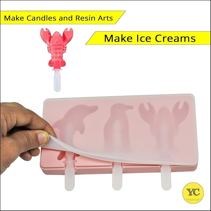 YellowCult Silicone Popsicle Mold Perfect for Kids & Adults 3 Cavity Dolphin Penguin Shape Ice Cream Maker Mould Easy-Release, Homemade Frozen Treats, Yogurt Bars, DIY Fruit Popsicles at Home