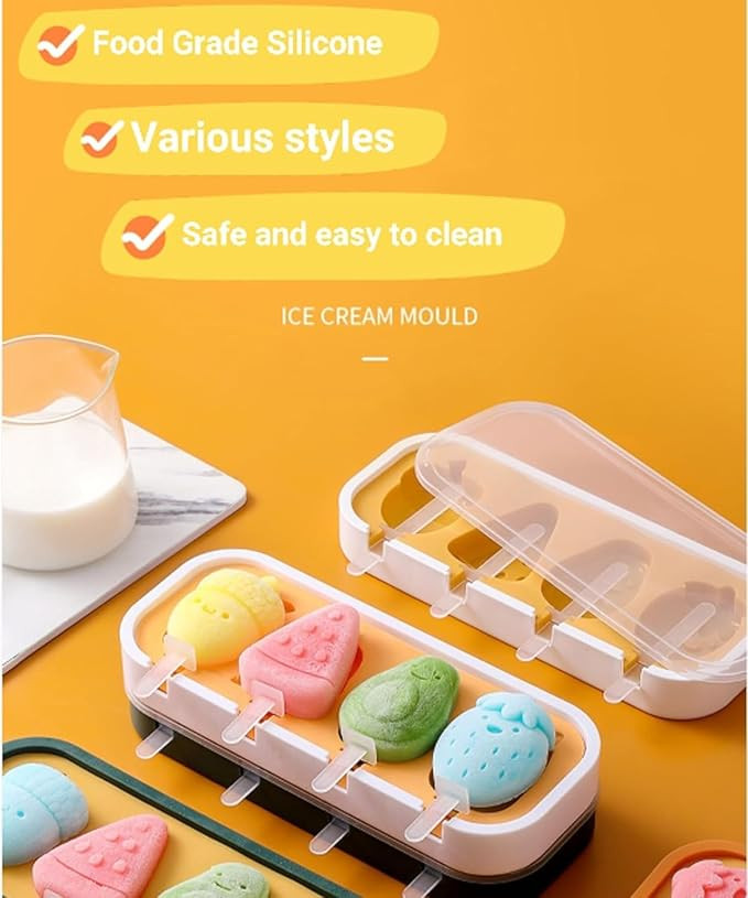 Silicone Ice Cream Molds with 6 Reusable Sticks, Non-Stick BPA Free Ice Lolly Kulfi Moulds, DIY Freezing Popsicle Shapes Ice Cream Pop Maker (1 Tray Cartoon)