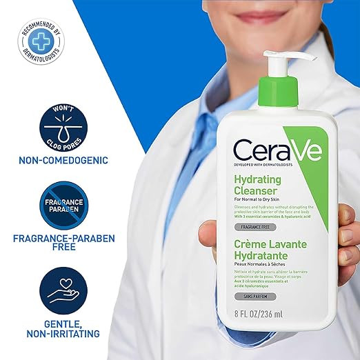CeraVe Hydrating Cleanser For Normal To Dry Skin (236ml) - Non-Foaming Face Wash with Hyaluronic Acid And Ceramides | Non-Comedogenic, Non-Irritating And Fragrance-Free Cleanser