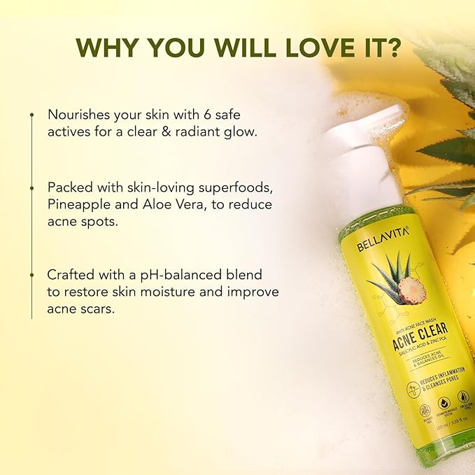 BELLAVITA Anti-Acne Face Wash | Power of 6 Actives | Treats Active Acne for Pimples | 100 ml